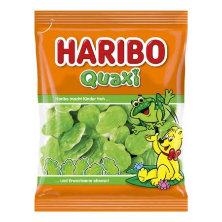 "Haribo Quaxi Żelki Żabki 175g – Owocowy Smak i Pianka" Żelki Haribo Quaxi 175g w kształcie żabek z pianką marakuja
