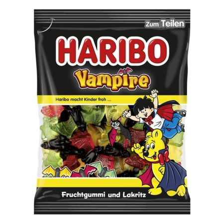 Haribo Vampire 175g – Żelki Owocowe i Lukrecjowe Nietoperze Żelki Haribo Vampire 175g w kształcie nietoperzy owocowo-lukrecjowe